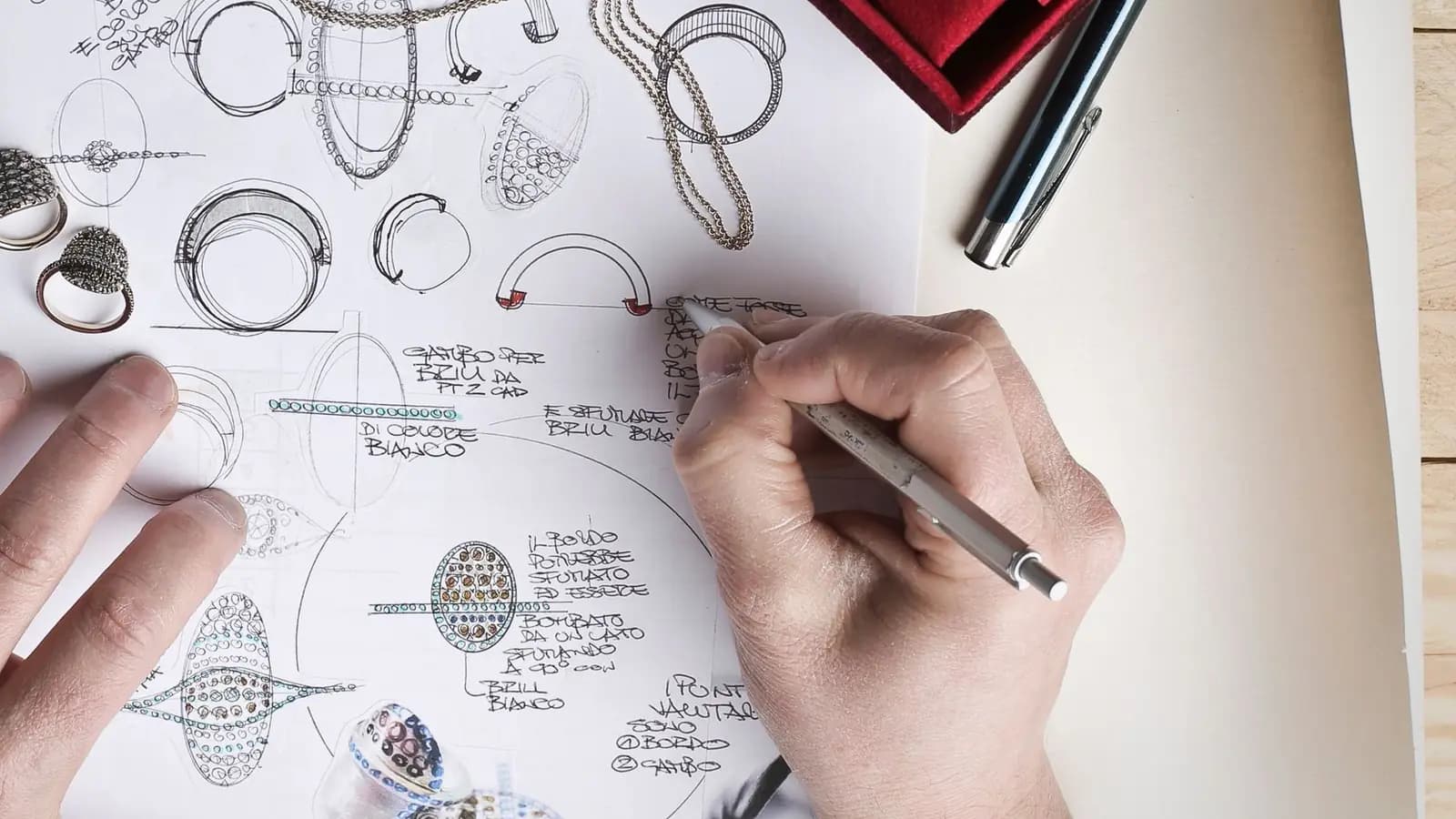 Hands sketching ring designs on paper beside finished rings and a ring box