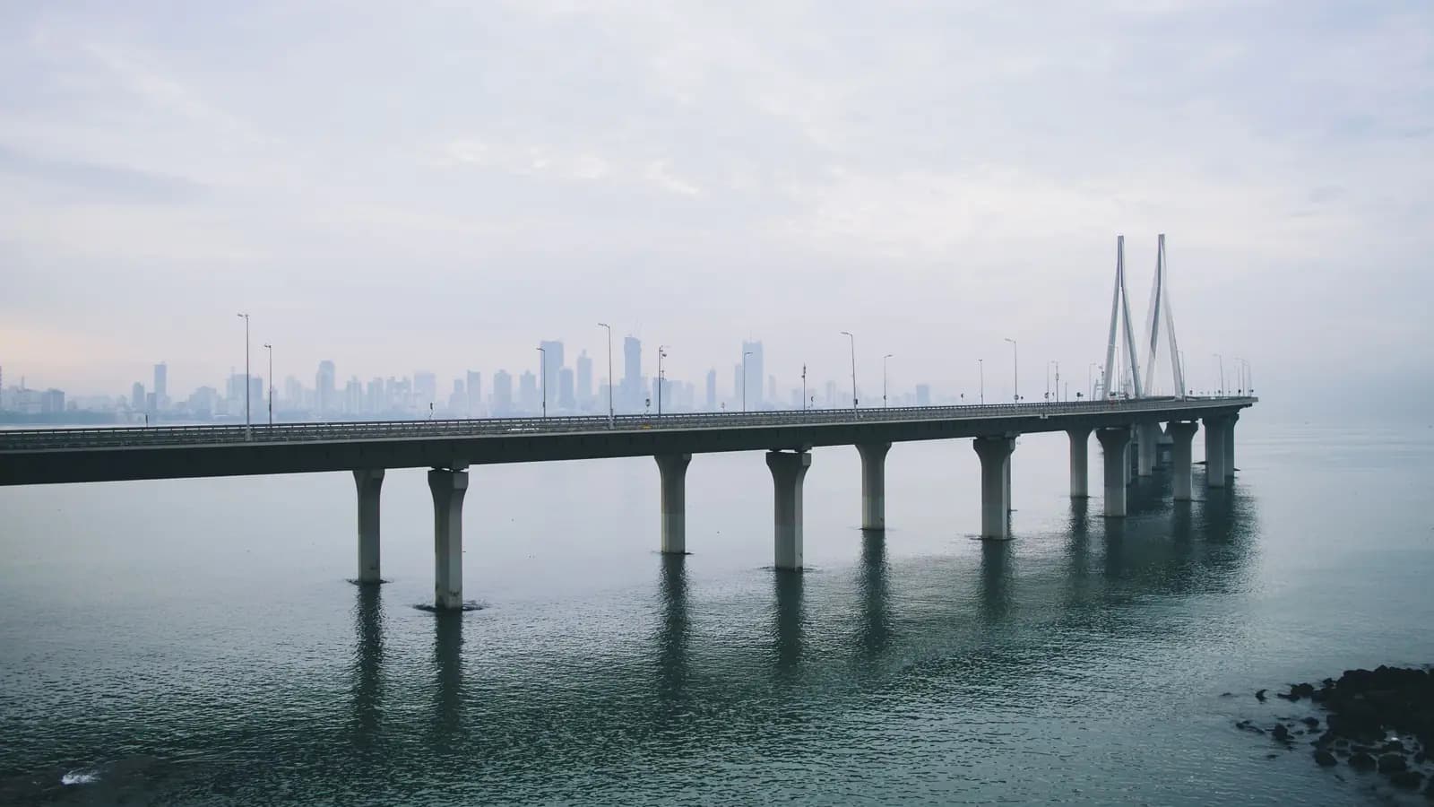 Bandra-Worli Sea Link with the Mumbai skyline in the distance