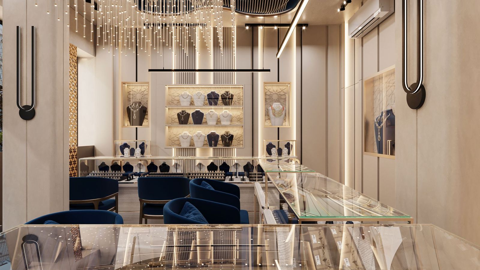 A premium jewellery showroom with lit display cases and lounge seating